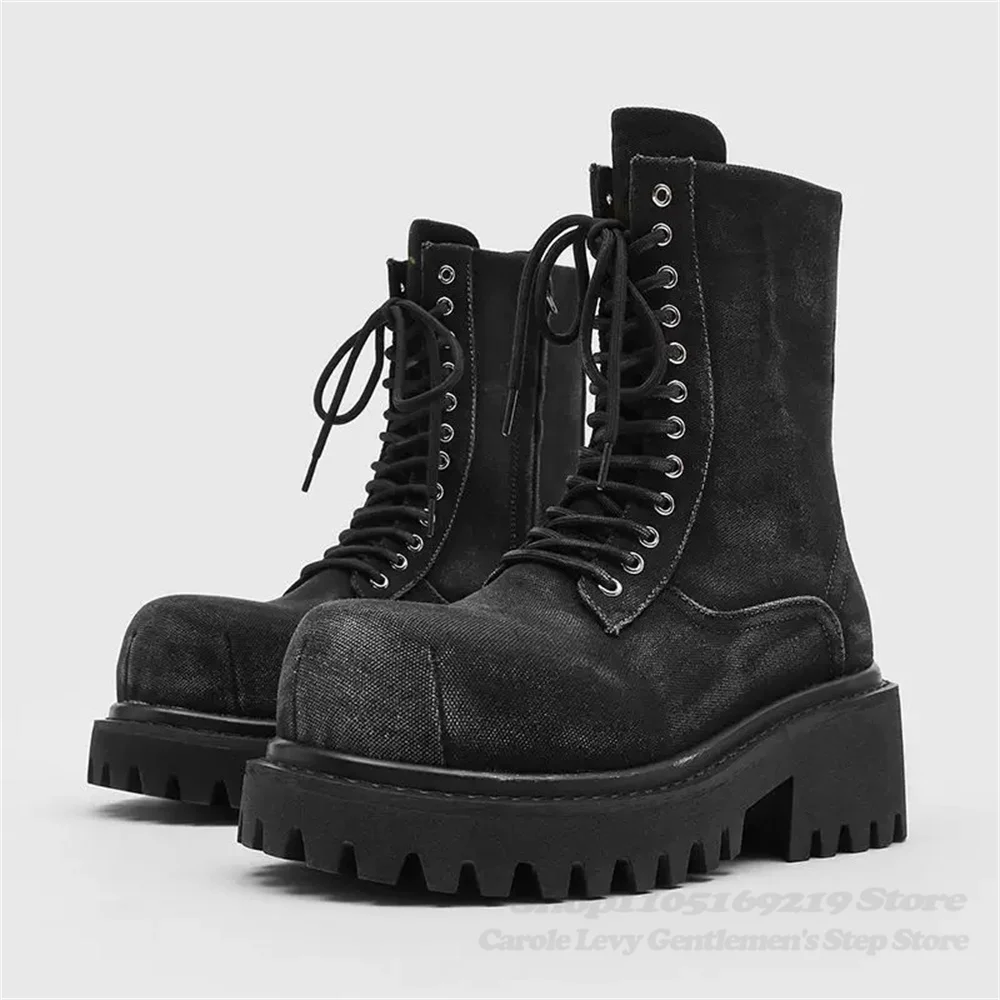 Men Denim Height Increasing Knight Boots Dark Retro Big Toe Lace Up Dark Retro Big Toe Handmade Luxury Workwear Short Boots