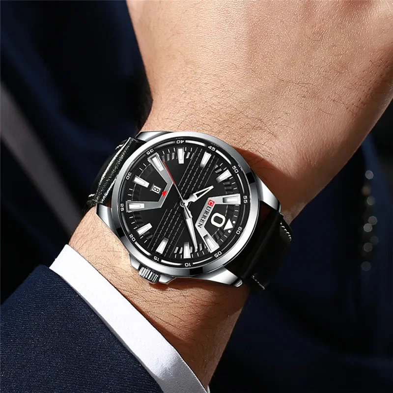 CURREN 8365 Men Watch Top Brand Luxury Black Silver Military Waterproof Male Clock Genuine Leather Quartz Man Wristwatch 8379