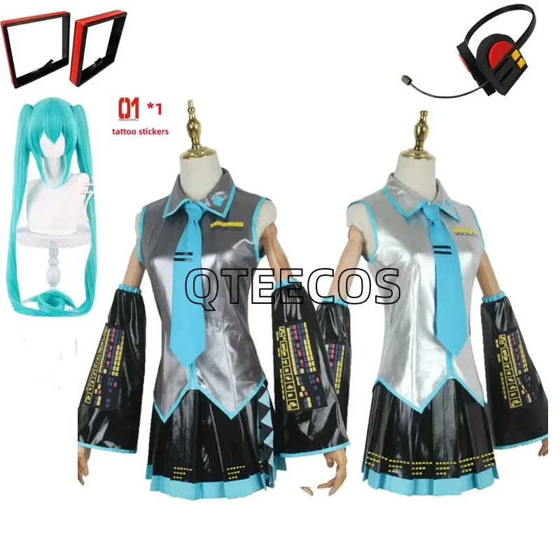 Anime Vocaloid Miku Cosplay Kostuum Pu Lederen Midi Jurk Meisjes Halloween Kerstfeest Volledige Sets Met Pruik