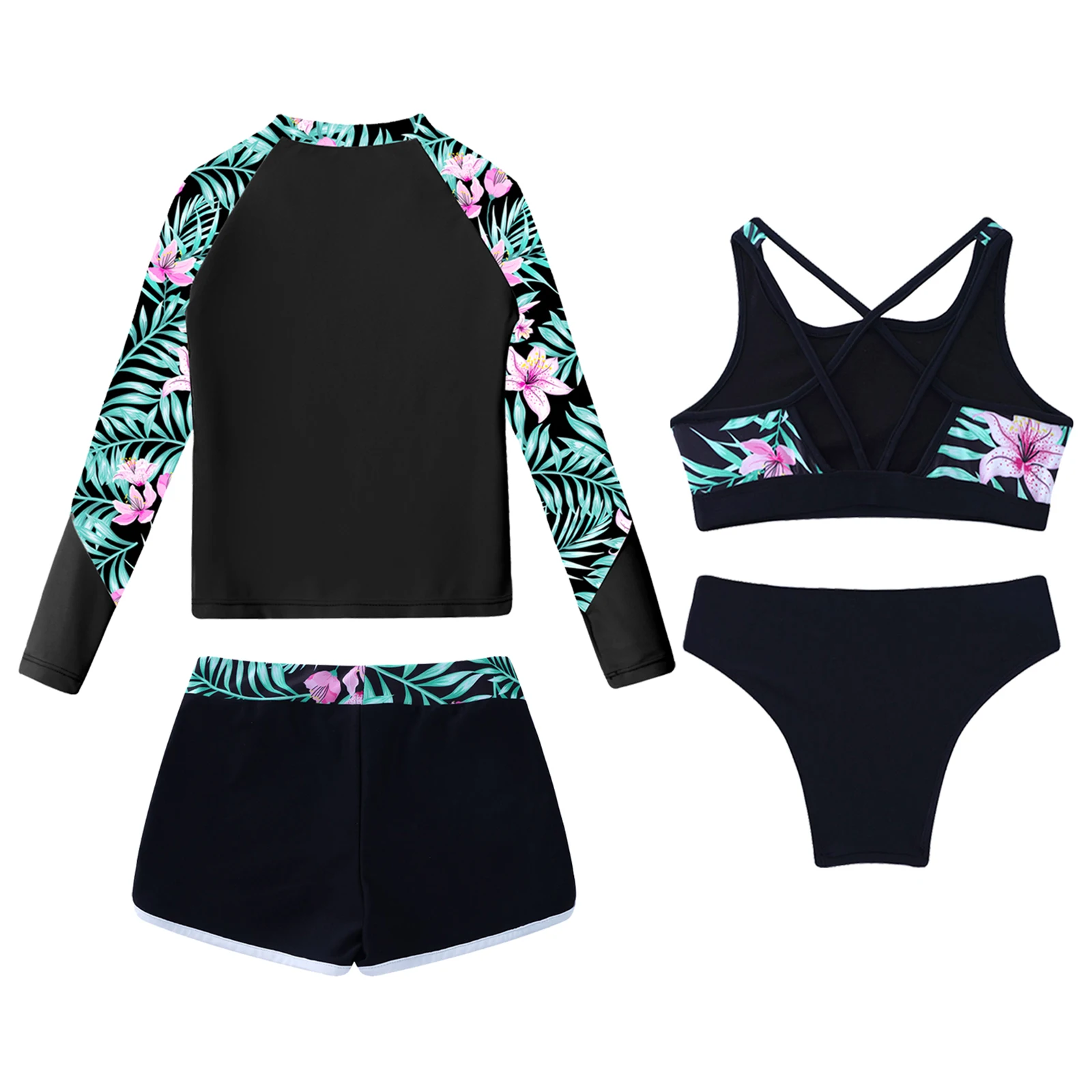 4Pcs/3Pcs Girls Swimsuit UV Protective Rash Guard Swim Suits Long Sleeve Print Shirt Top Boy Shorts Briefs Tankini Swimwear Set