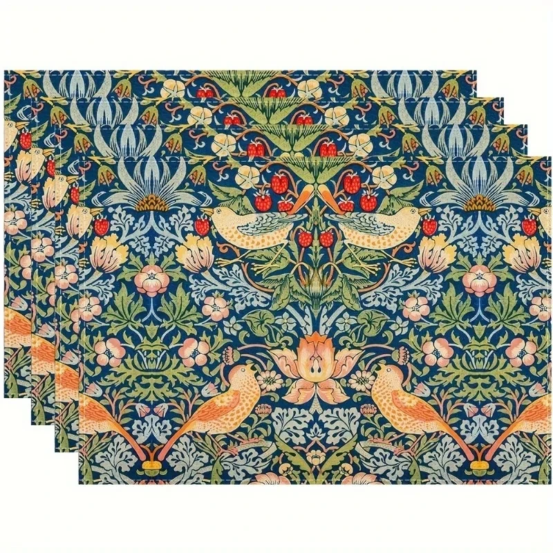 4/6pc Strawberry Blue Green Table Mats Pimpernel Placemat Chinoiserie Floral Bird Linen Heat-Resistant Home Kitchen Dining Party