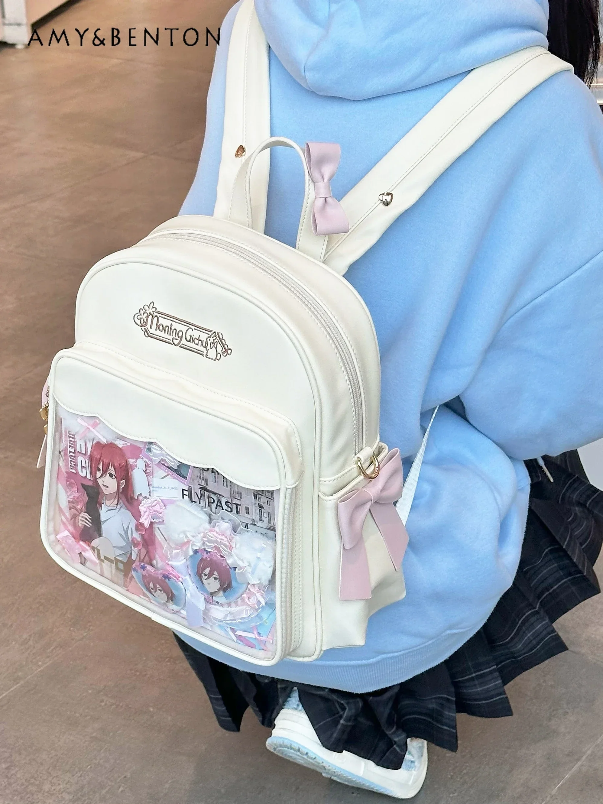 Original Design Cute Kawaii Backpack Women Itabag Japanese Style Sweet Bow Large Capacity Transparent Pu Casual Backpack Student