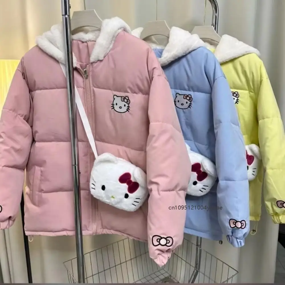 Cartoon Winter New Hello Kitty Cute Plush Thick Versatile Hooded Coat Women Blue Y2K Cotton Warm Clothes Women Student Jacket