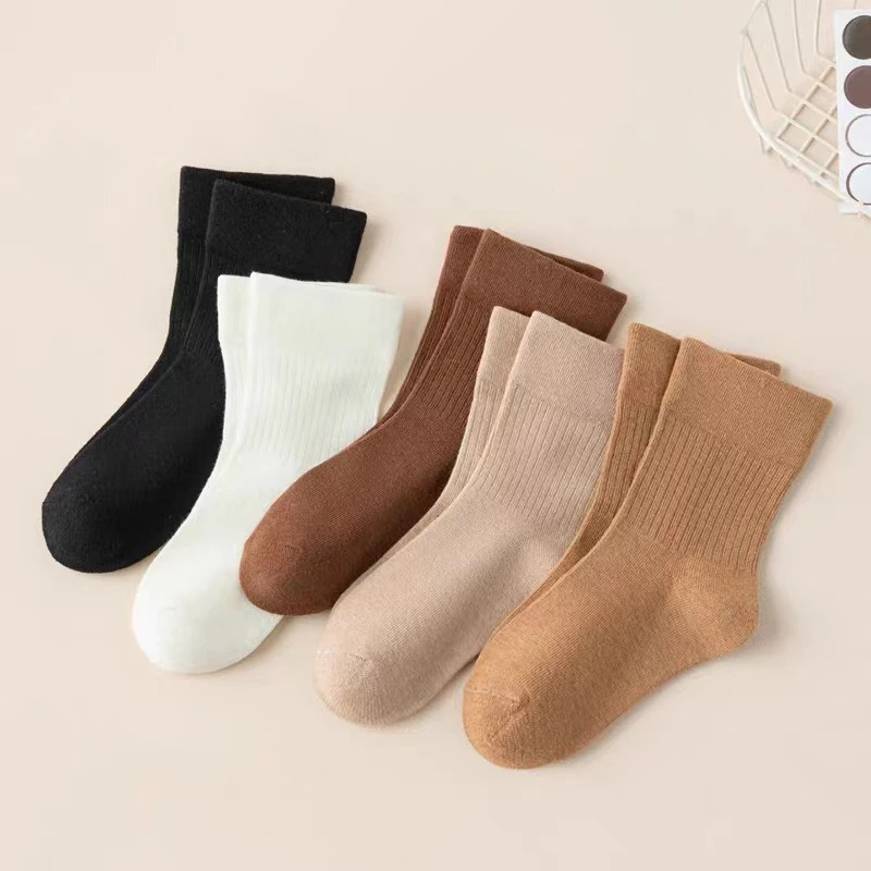5 أزواج من جوارب الأطفال، جوارب البنات، جوارب أنبوبية متوسطة، جوارب كاجوال للطلاب بلون سادة للخريف/الشتاء #2