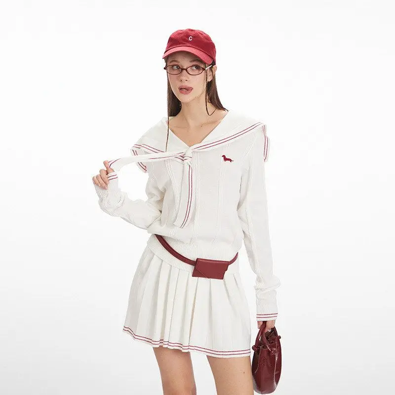 Zestaw HeyHenry: Delikatny, dzianinowy komplet jesienny, spódnica w kratę, długość do kolan, styl uniwersytecki, słodki, kobiecy, modny zestaw.