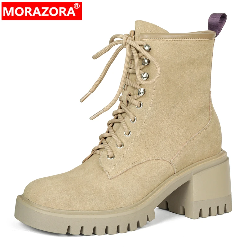 

MORAZORA New Nubuck Cow Suede Leather Women Boots Lace Up Chunky Ankle Boots Square Heels Autumn Winter Boots Ladies Shoes