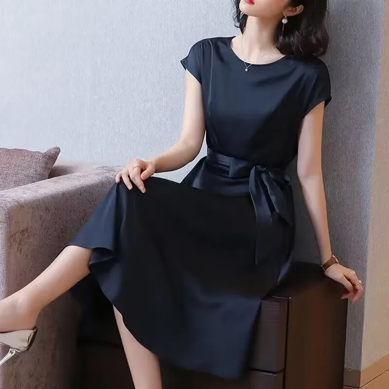 Smooth Satin Dress Women Summer Thin Elegant Short Sleeve Party Dress Vintage Bandage Silk satin drape dress