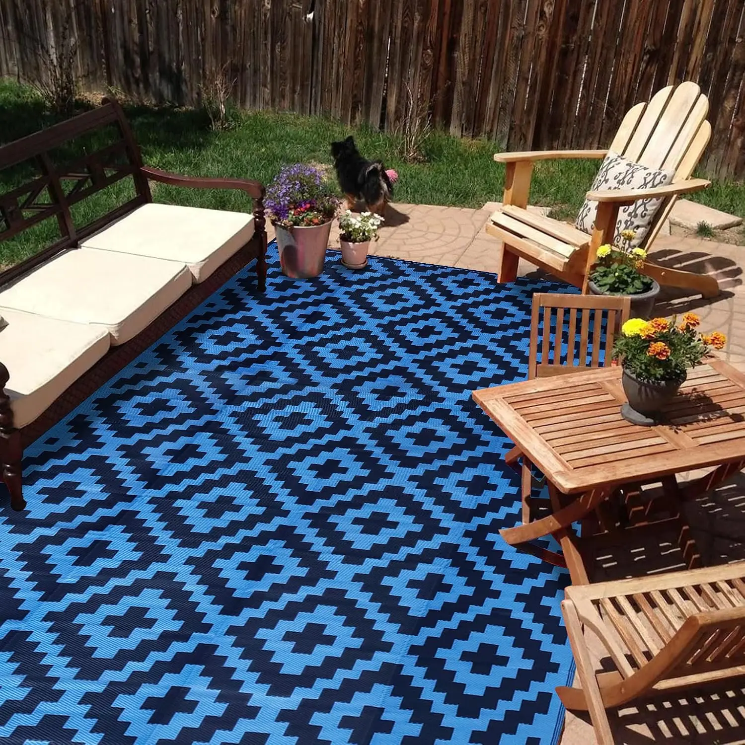 Waterproof Outdoor Rug 9x18 ft, Plastic Reversible Rug, Modern Area Rug, Large Floor Mat for Outdoors, RV, Patio, Backyard, Deck, Picnic, Beach, Camping, Blue