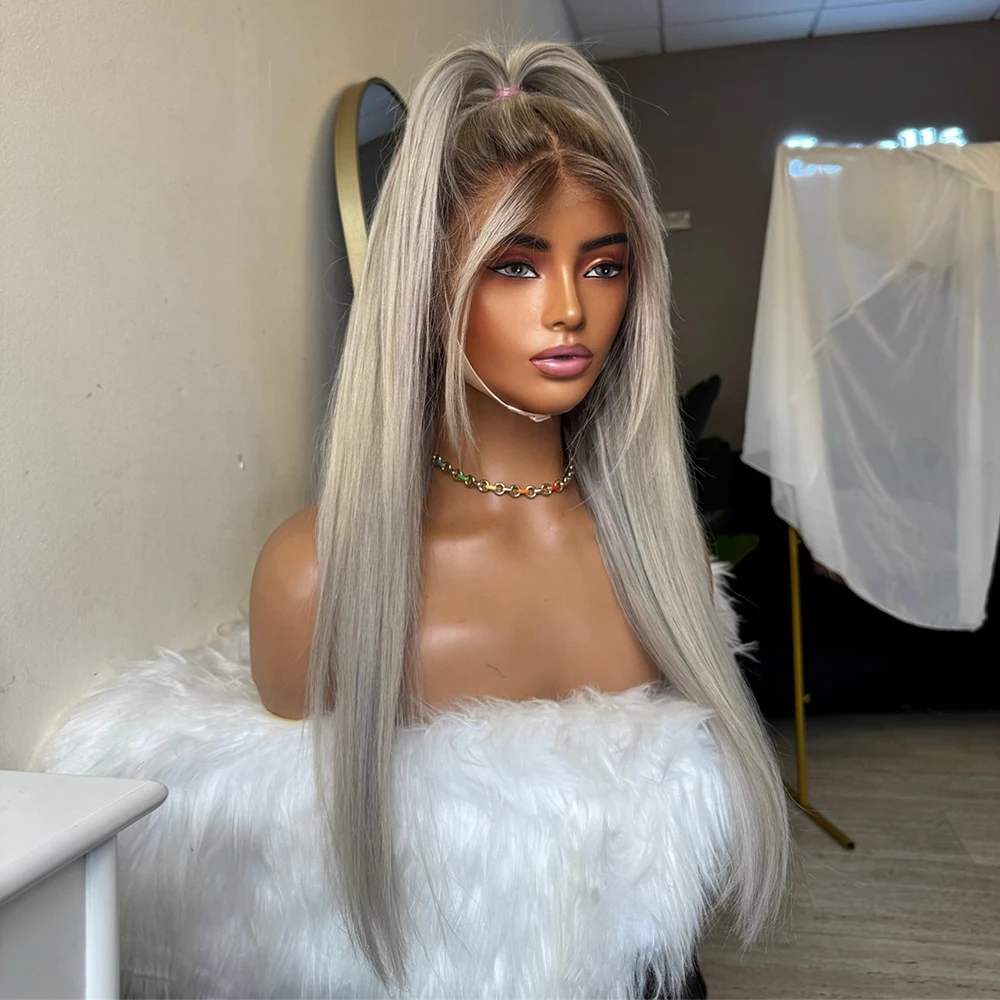 Long Straight Layered Lace Front Wigs Dark Roots Ash Blonde Glueless Wig Realistic Human Hair Blend Synthetic Wigs For Women