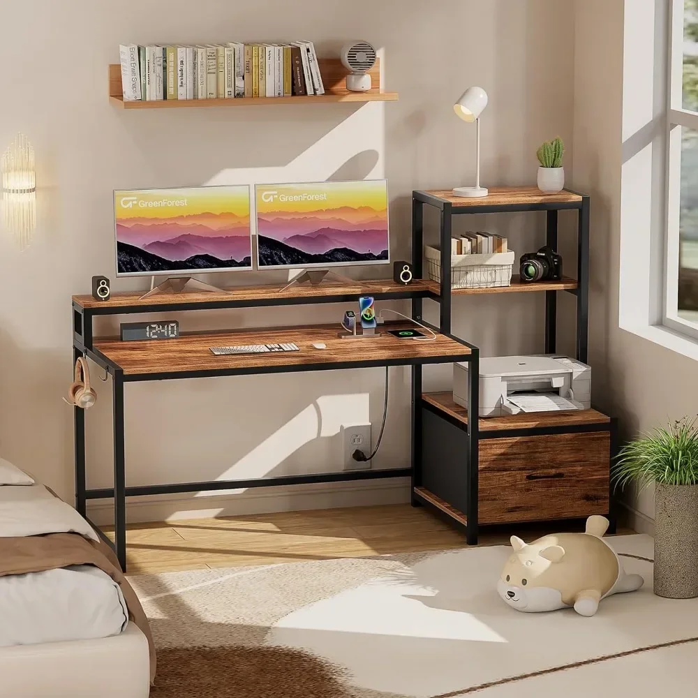 Computer Desk With Drawer and Printer Shelf Reversible 59 Inch Gaming Desk With LED Lights and Power Outlets Freight free