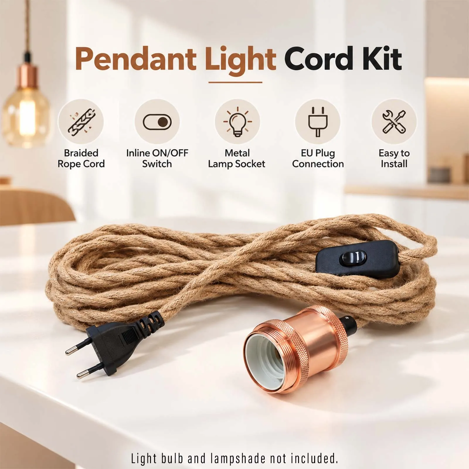 Pendant Light Cord, Natural Jute Rope Wire, Rose Gold Socket, Inline On Off Switch, EU Plug, Dining, Bedroom, DIY
