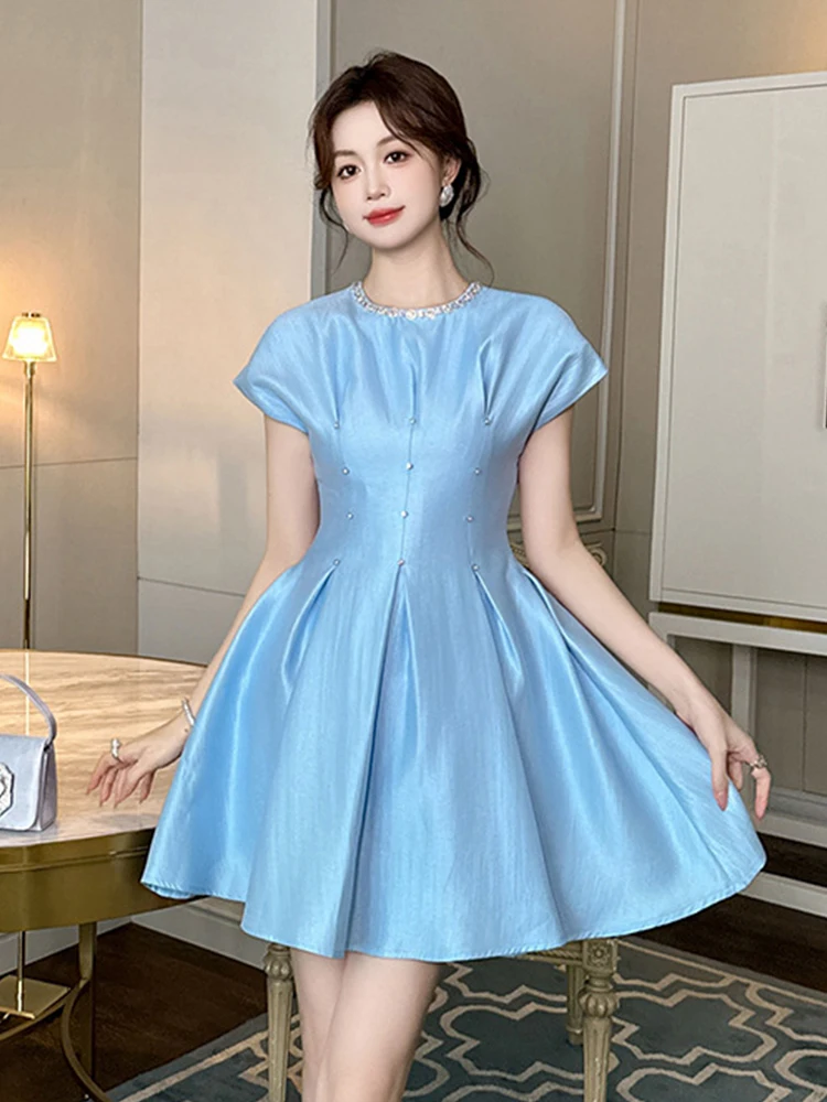 Elegant Luxury Blue Satin Summer Fashion Ball Gown Evening Dress Women Clothes Sweet O-Neck Slim Short Party Prom Vestido Fiesta