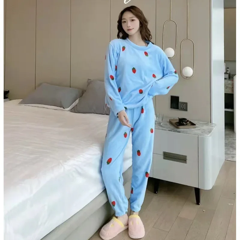 2024 New Autumn and Winter Thick Velvet Pajamas Coral Velvet Pajamas Cartoon Warm Home Clothes Strawberry Cherry Print