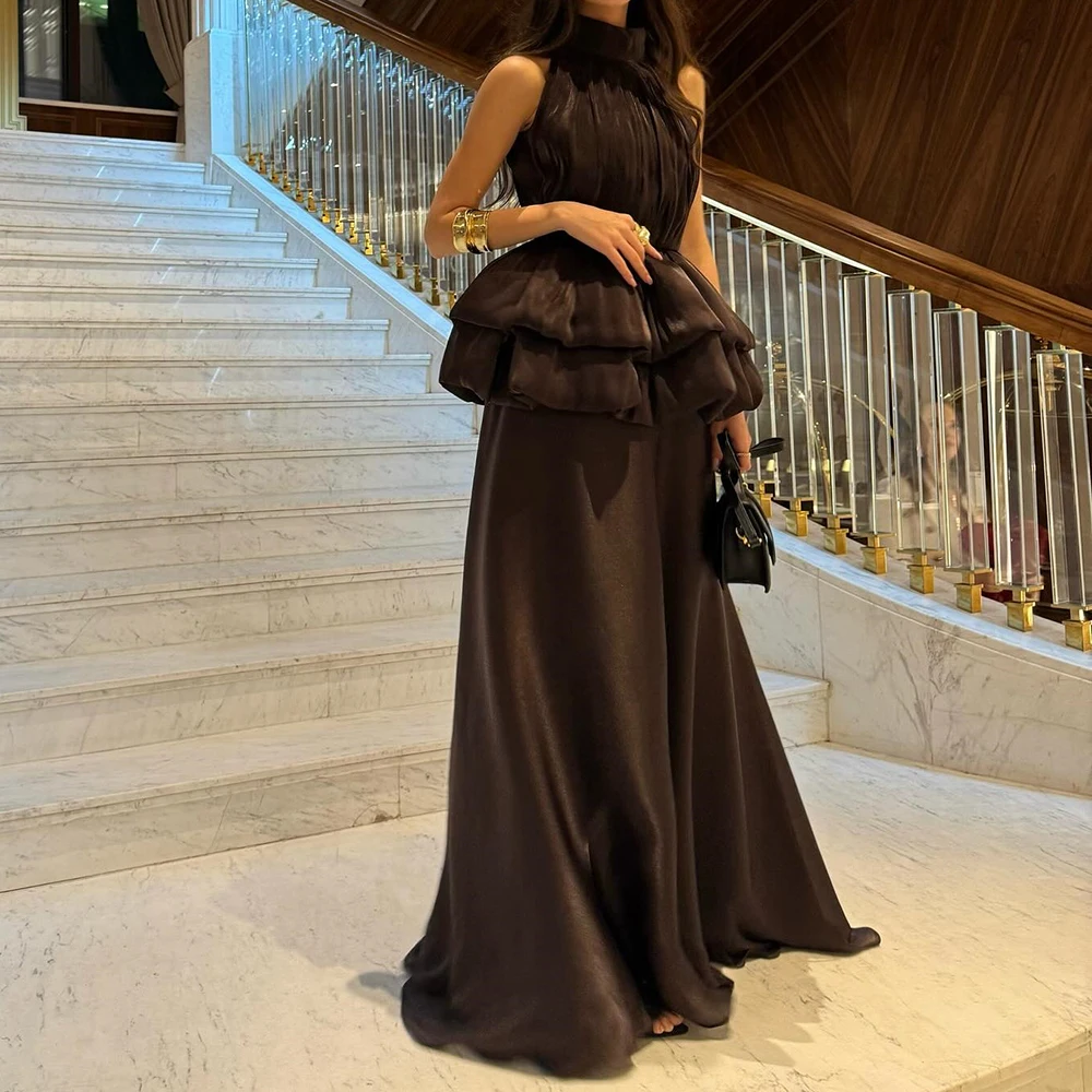 

Customized A-line Evening Dresses Floor-length High-neck Sleeveless Prom Gown Simple Fashion Draped Casual Party Gown