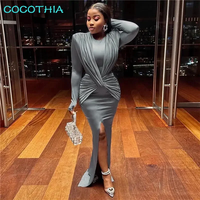 

COCOTHIA Bodycon Draped Knot Slim Fit High Split Long Sleeve Maxi Dress Summer Women's Elegant Casual Y2K Fashion Vestidos