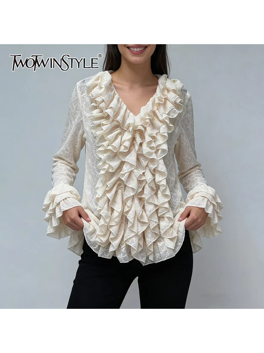 

TWOTWINSTYLE Loose Printing Spliced Ruffles Folds Elegant Shirts for Women V Neck Long Sleeves Fashion Shirt Female Autumn New