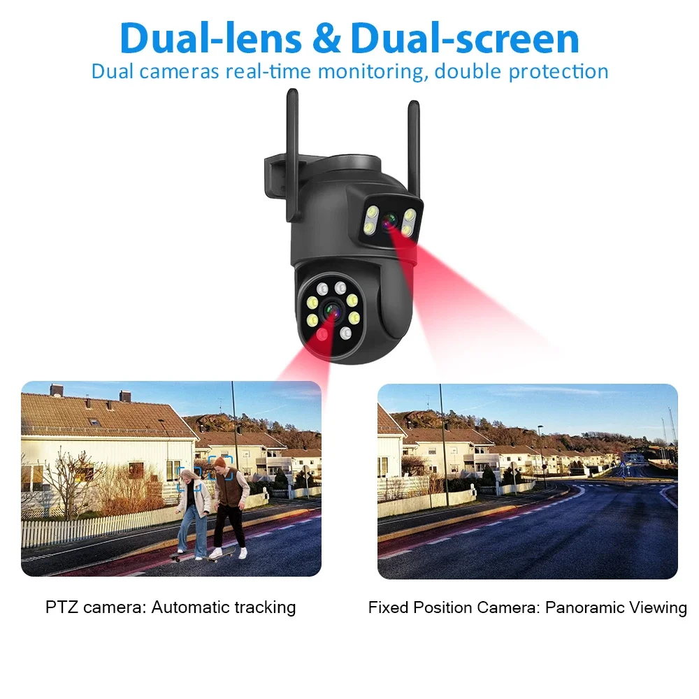 4K 8MP Dual Lens PTZ WIFI Camera Outdoor HD Night Vision IP CCTV 4x Zoom Camera Dual Screen AI 6MP Security Video Surveillance