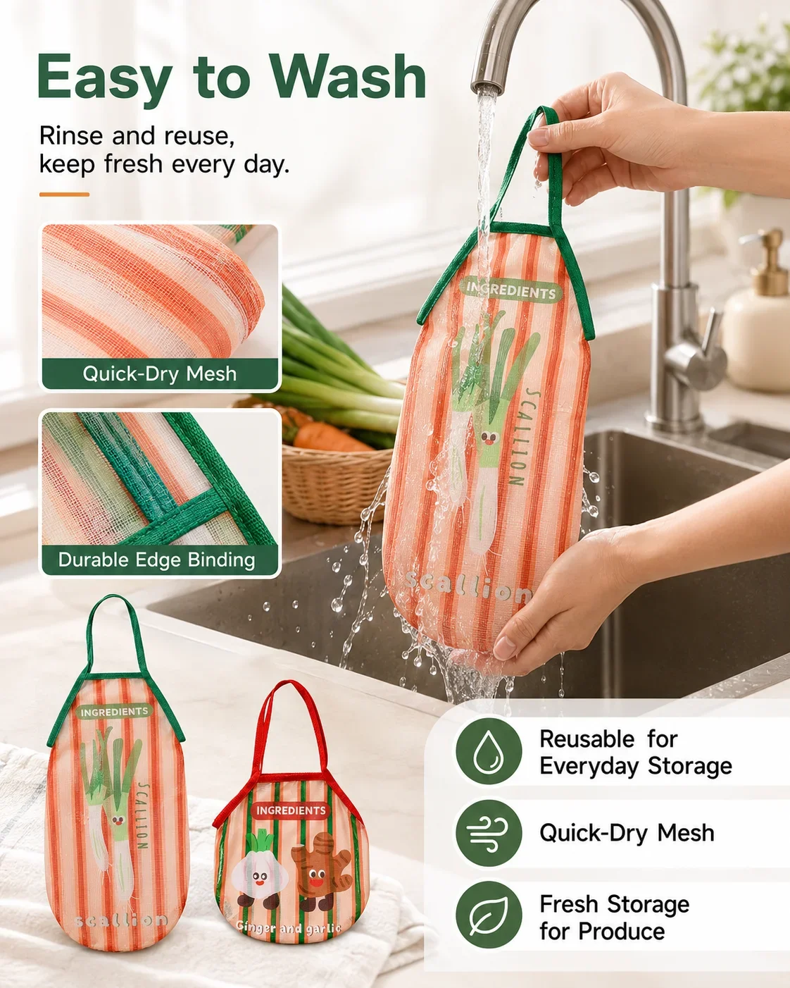 Wall-Mounted Mesh Storage Bag, Breathable Hanging Organizer for Garlic, Onions and Ginger