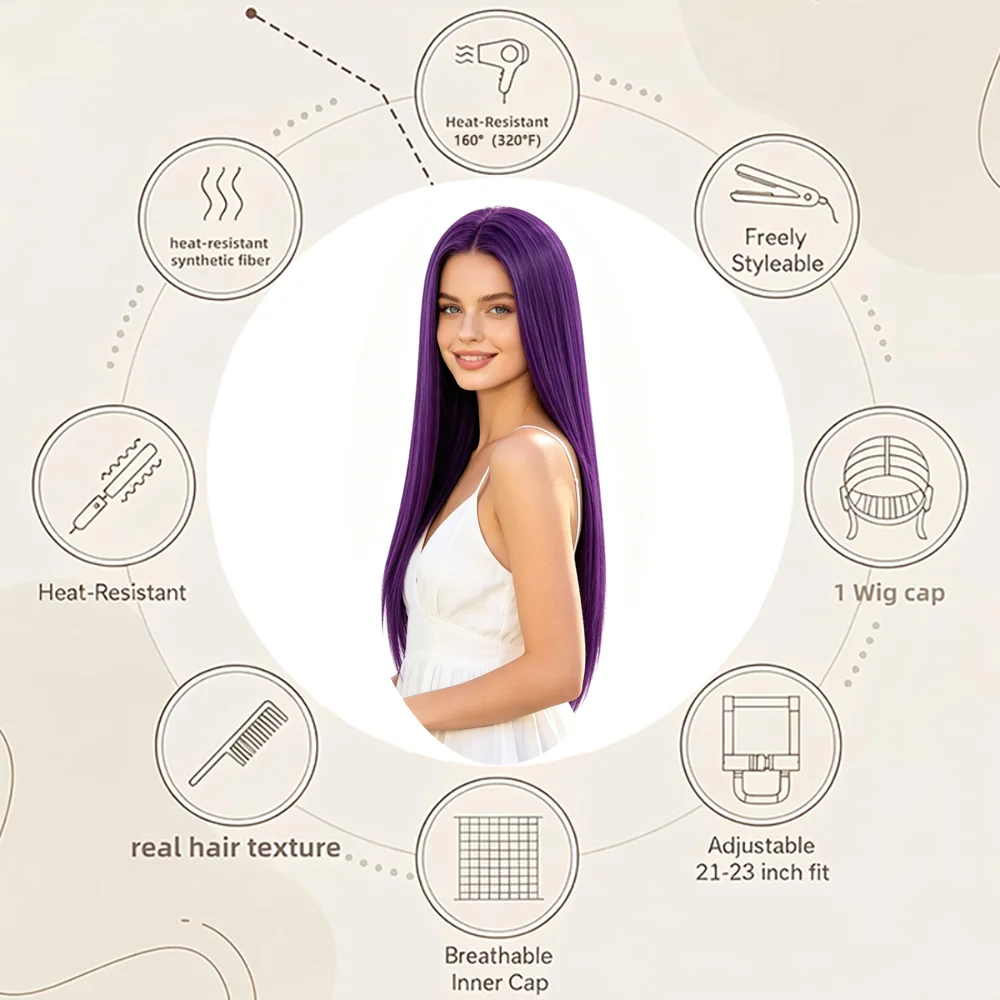 

13x4 HD Lace Front Wig 26 Inch Purple Long Straight Natural Hairline Heat Resistant Synthetic Wig For Women Daily Party Cosplay