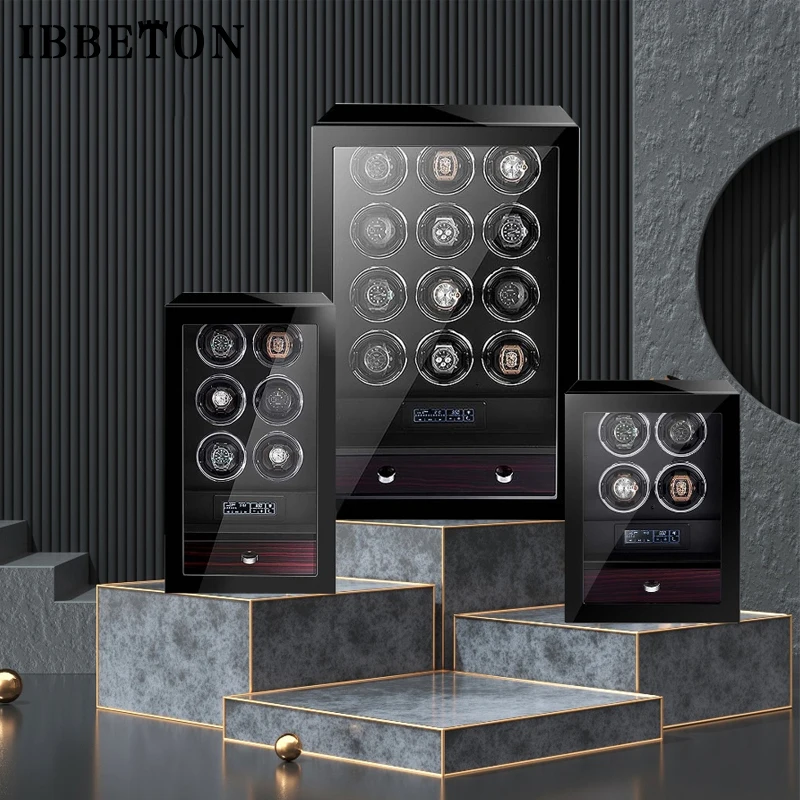 IBBETON الفاخرة ملفاف ساعة ساعات أوتوماتيكية صندوق الأمان مع محرك Mabuchi LCD شاشة تعمل باللمس ساعة خشبية اكسسوارات صندوق عن بعد C