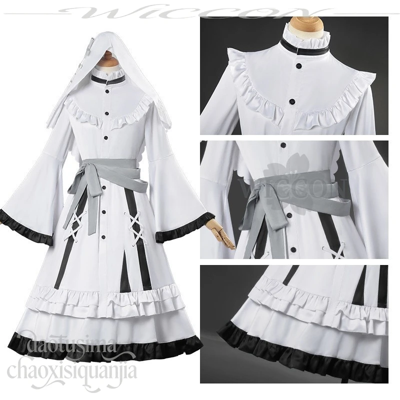 Hikami Meruru Cosplay Anime  Game Mahou Shoujo No Majo Saiban Costume White Nun Sweet Lolita Lace Dress Wigs Hat Halloween Cos