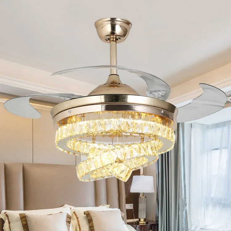 European light luxury crystal fan light living room bedroom dining room silent intelligent frequency