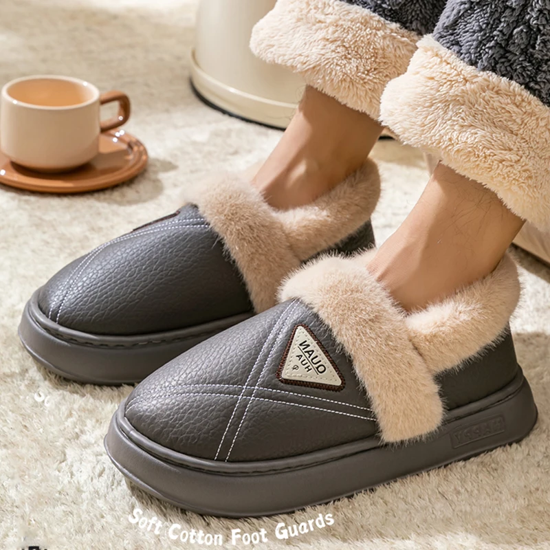 

New Waterproof Cotton Slippers Women pu leather non slip winter shoes woman 2025 light thick bottom cotton living room shoes