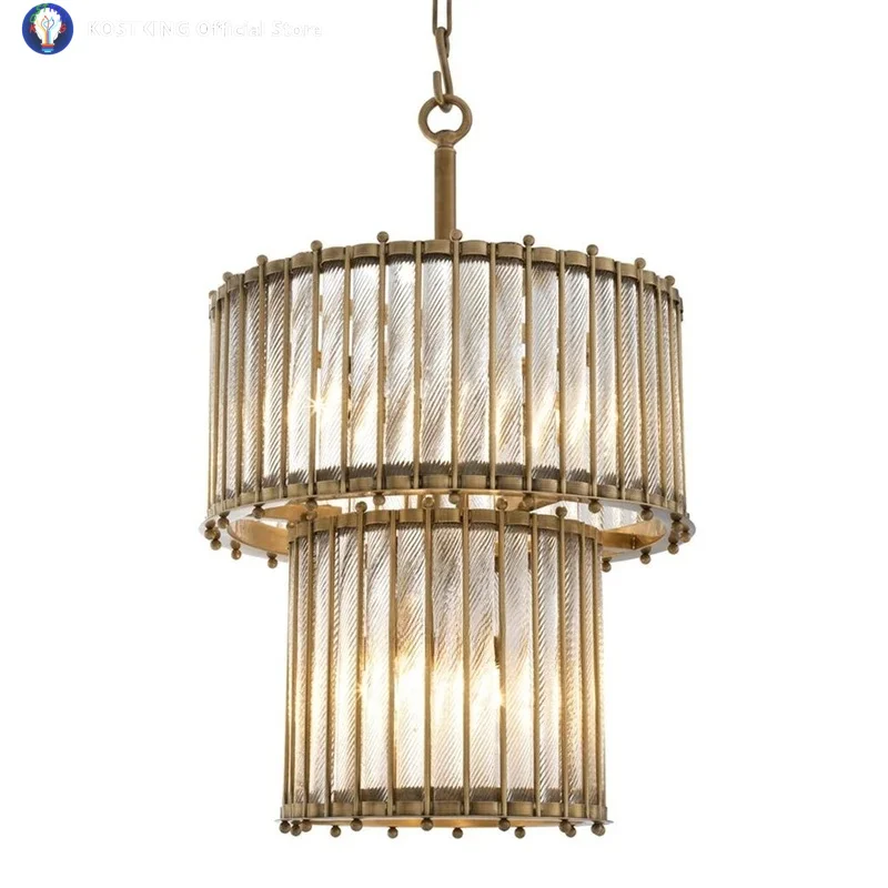Two-Tier Clear Glass Chandelier Modern Luxury Grand Pendant Hanging Lamp American Brass Lustre Lighting for Living Room
