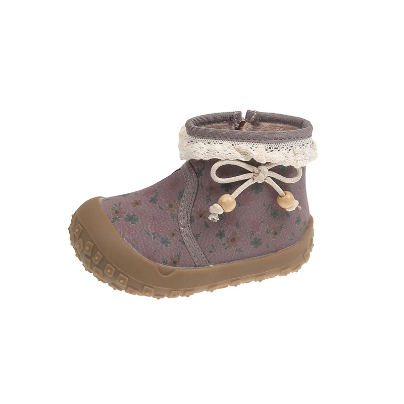 Winter Autumn Girls High-top Boots Little Princess Fashion Floral Print Leather Boots Baby Soft Warm Suede Short Boots