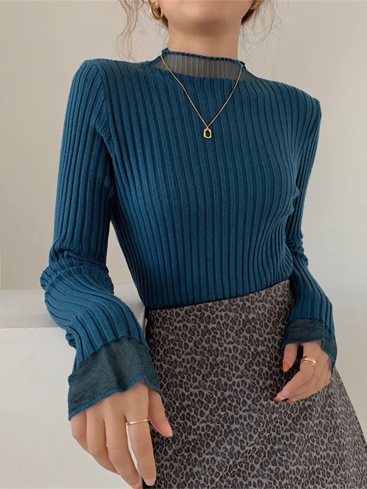 

Spring Half Turtleneck Knitted Women's Sweaters 2022 New Mesh Patchwork Long Sleeve Bottoming Solid Sweater Female Slim Tops