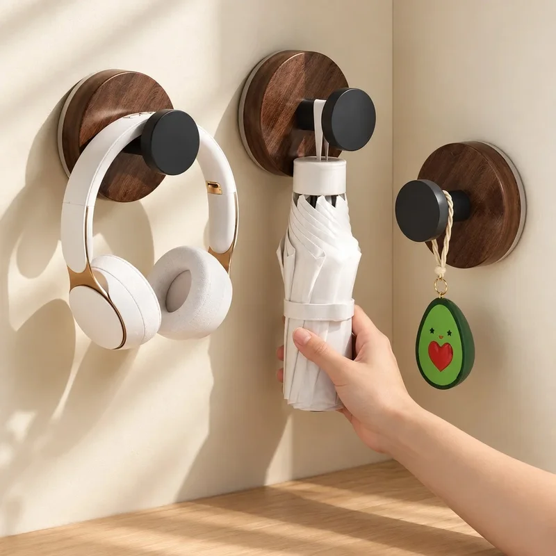 Wooden Suction Cup Hooks - Strong Vacuum Wall Hooks with Matte Black Design for Bathroom, Kitchen, Door, Hanging Towels