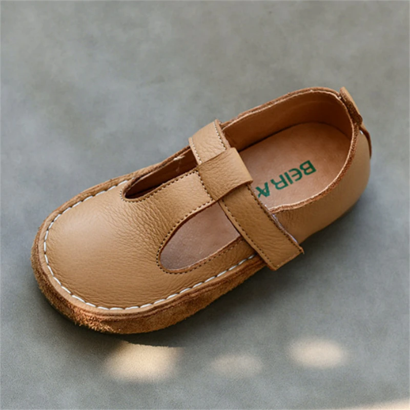 New Children Vintage Genuine Leather Baby Toddler Shoes Girls Cowhide Outdoor Handmade Student Casual Leather Shoes Kids Flats