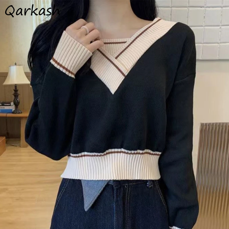 

Pullovers Women Panelled Sweaters Aesthetic Temper Autumn Clothing Knitted Soft Lazy Style Casual Minority Classic Daily Ulzzang