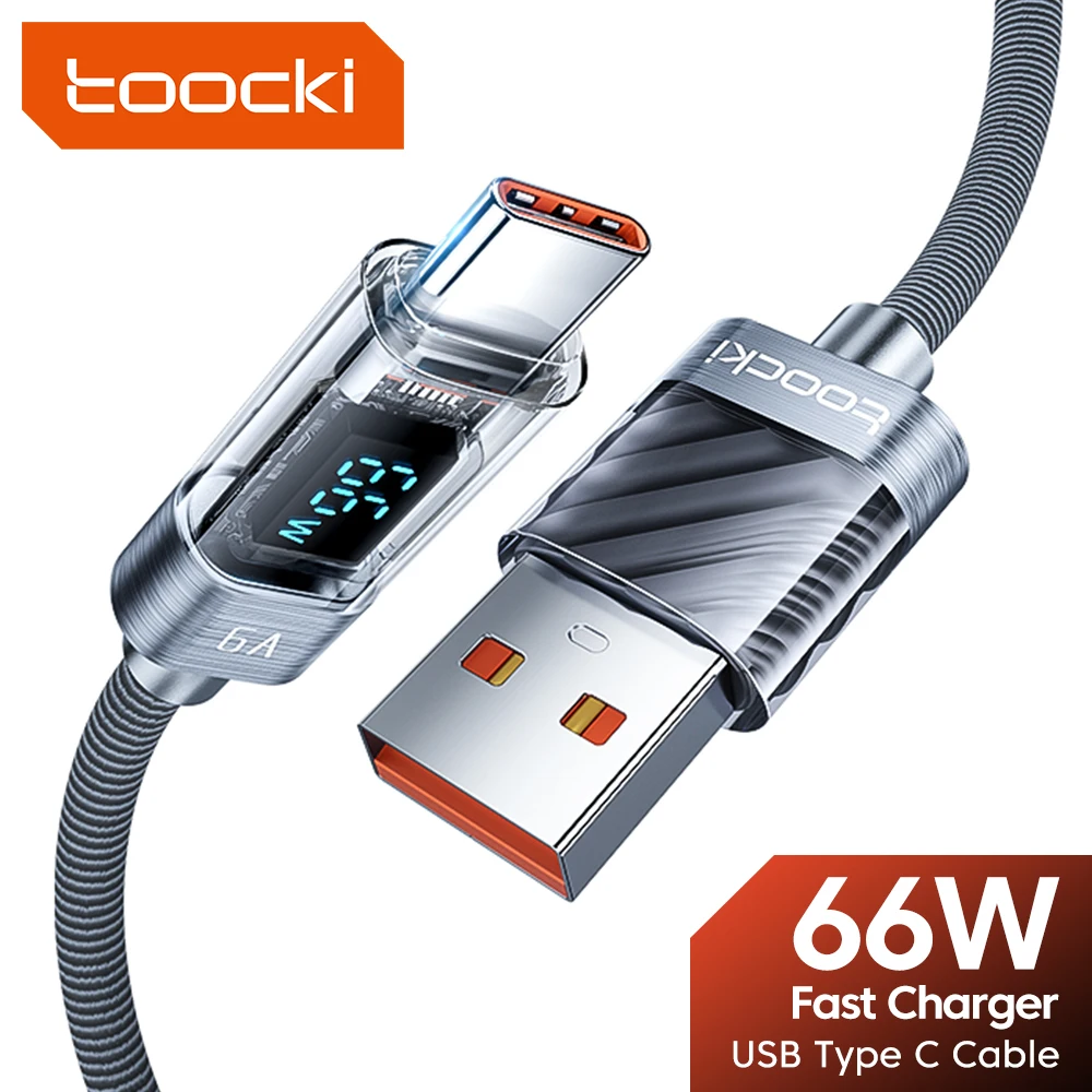 

Прозрачный USB-кабель Toocki 6A типа C для Xiaomi 13 12 Realme 66 Вт, кабель для быстрой зарядки с дисплеем для Huawei, Samsung Poco f3