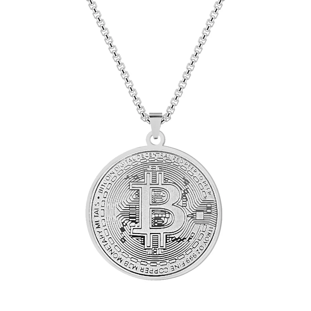 Elegante novo aço inoxidável bitcoin pingente colar banhado a ouro redondo bitcoin pingente colar jóias