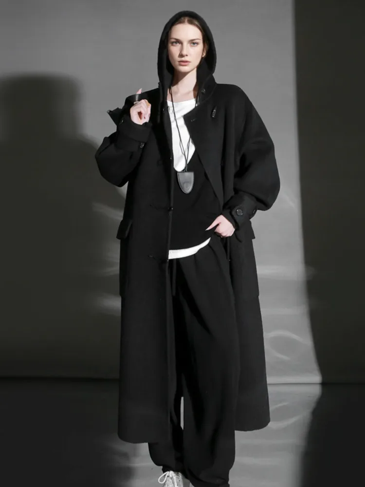 معطف نسائي طويل من مزيج الصوف الأبيض من ZMEENNA مع قلنسوة وإغلاق كبير الحجم ملابس خارجية شتوية طويلة بلون سادة ZM4528