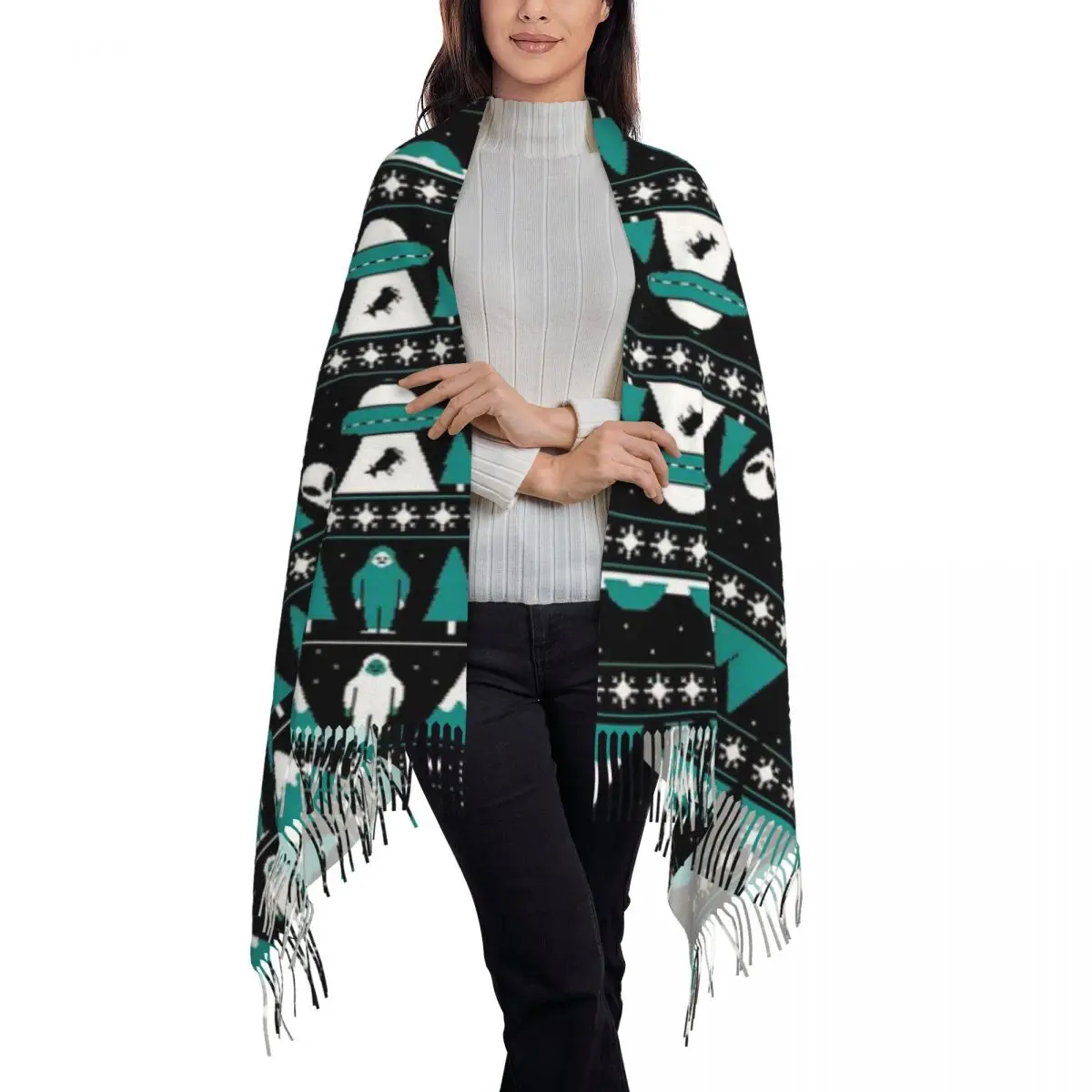 Paranormal Christmas Sweater Scarf Tassel Scarves Women Soft Warm Shawls and Wraps Long Fall Winter Shawl Wrap