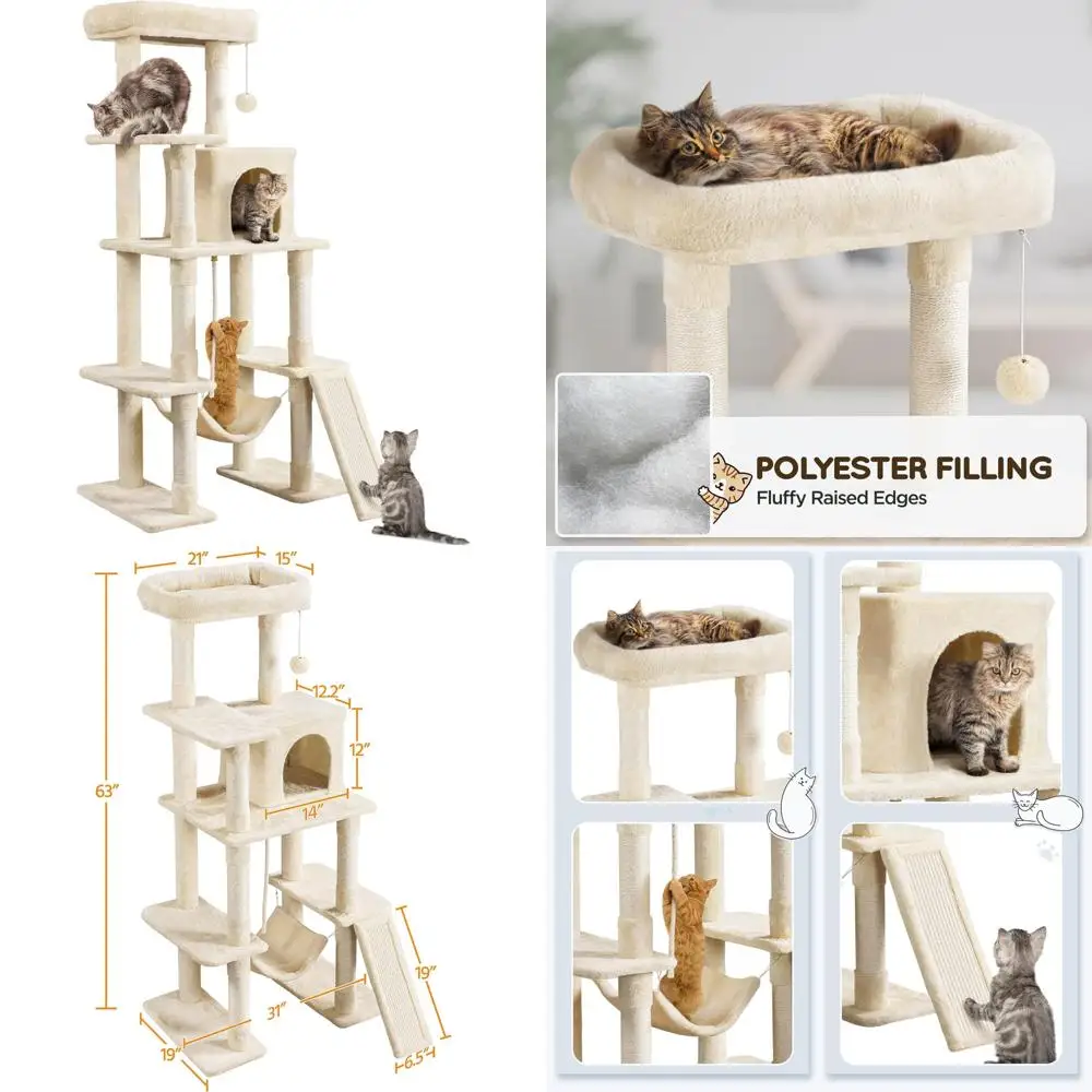 

Indoor Cat Play Tower 63 Multi-Level Structure with Scratching Posts, Hammock, Dangling Ball for Climbing and Resting