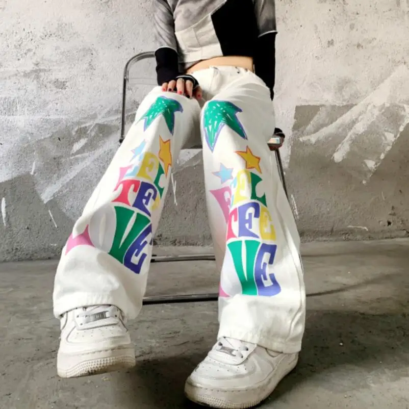 Women's jeans 2022 Colorful Alphabet Fraffiti High Waist Jeans Woman Casual Straight wide leg trousers p357