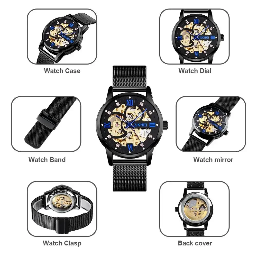 SKMEI Automatic Watch Men Mechanical Creative Wristwatches Mens Gear Hollow Art Dial Strainless Steel Strap montre homme 9199