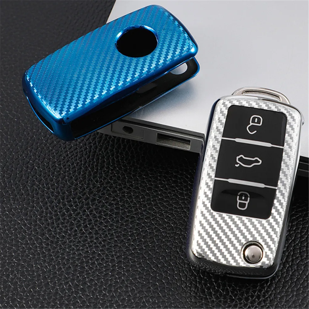 Carbon Fiber Car Key Cover Case Keychain for VW Volkswagen Polo Golf Passat Beetle Caddy T5 Up Eos Tiguan Jetta Skoda Octavia A5