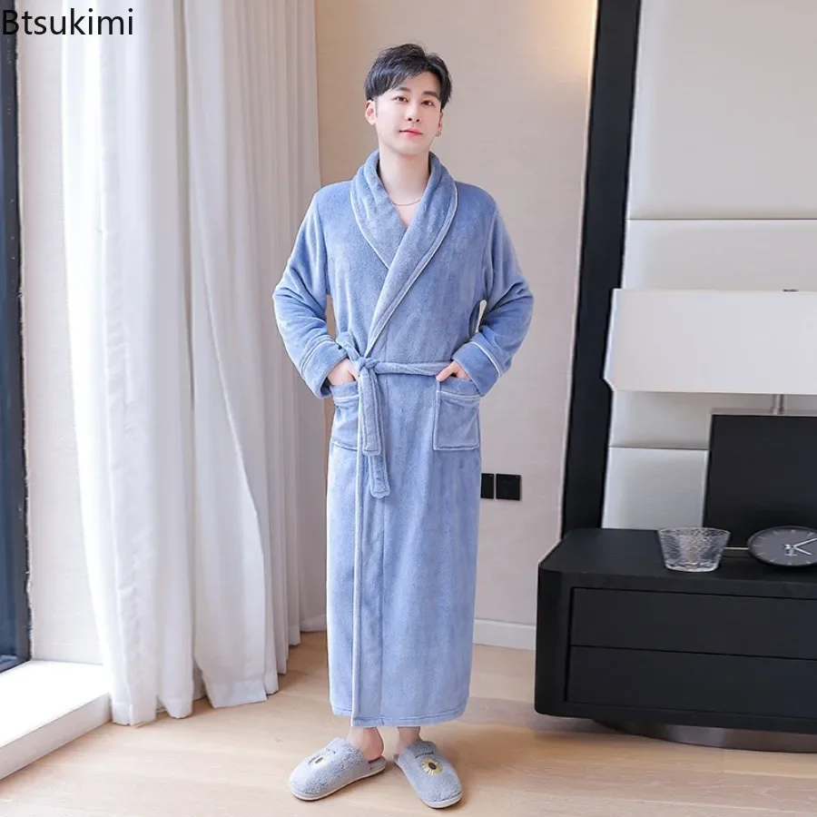 2024 Men\'s Autumn Winter Thicken Flannel Robes Dress V Neck Warm Bathrobe Men Couple Casual Comfortable Robe Dress for Sleepwear