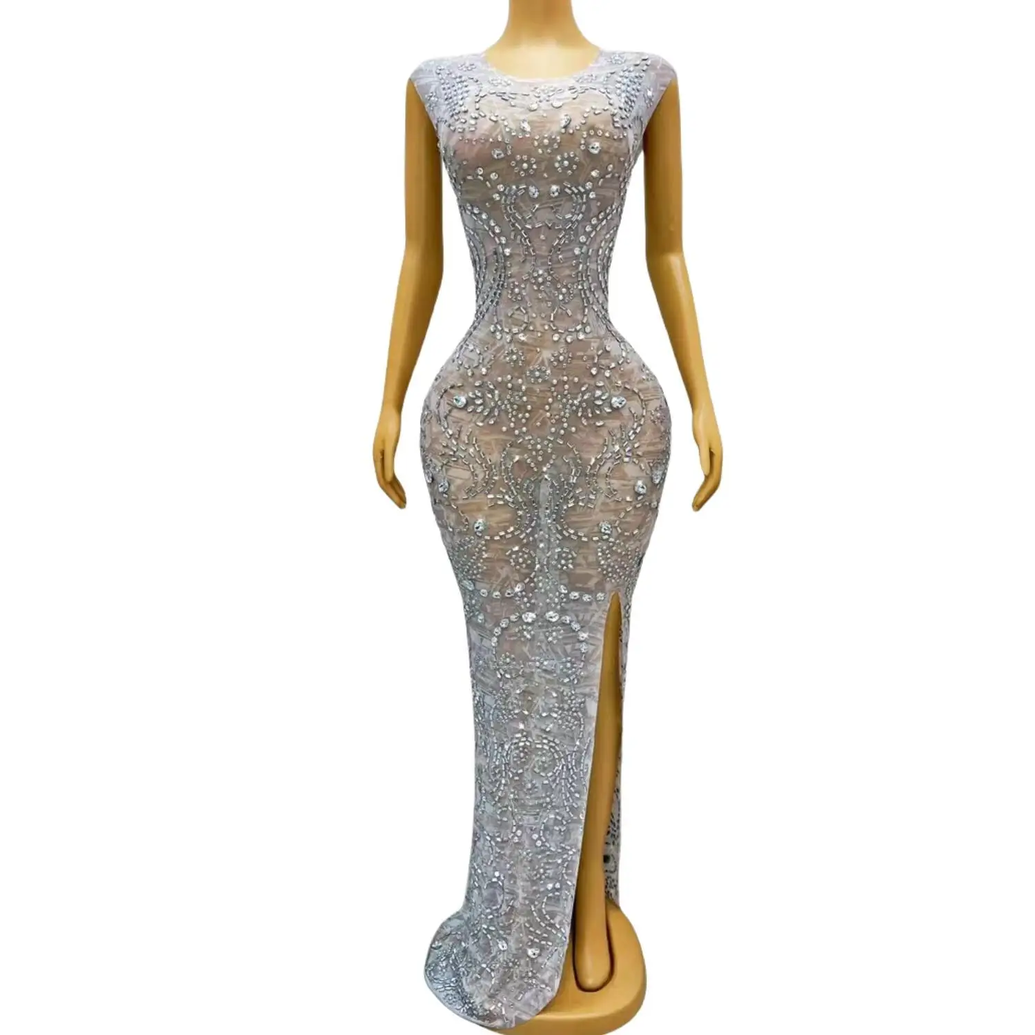 Quality Shining Girls Party Dress rhinestone Mesh Evening Dress Sexy Fashion Gala Night Long Gown Rhinestone Clothing For Party