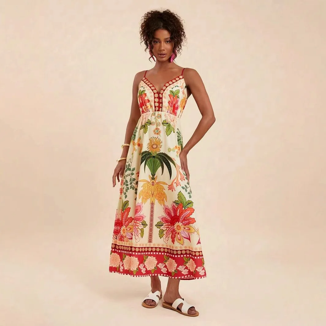 Damenkleid, schulterfrei, V-Ausschnitt, Blumendruck, lang, elegant, A-Linie, Abendkleid, Spaghettiträger, Boho, Urlaub, Strand, Partykleid