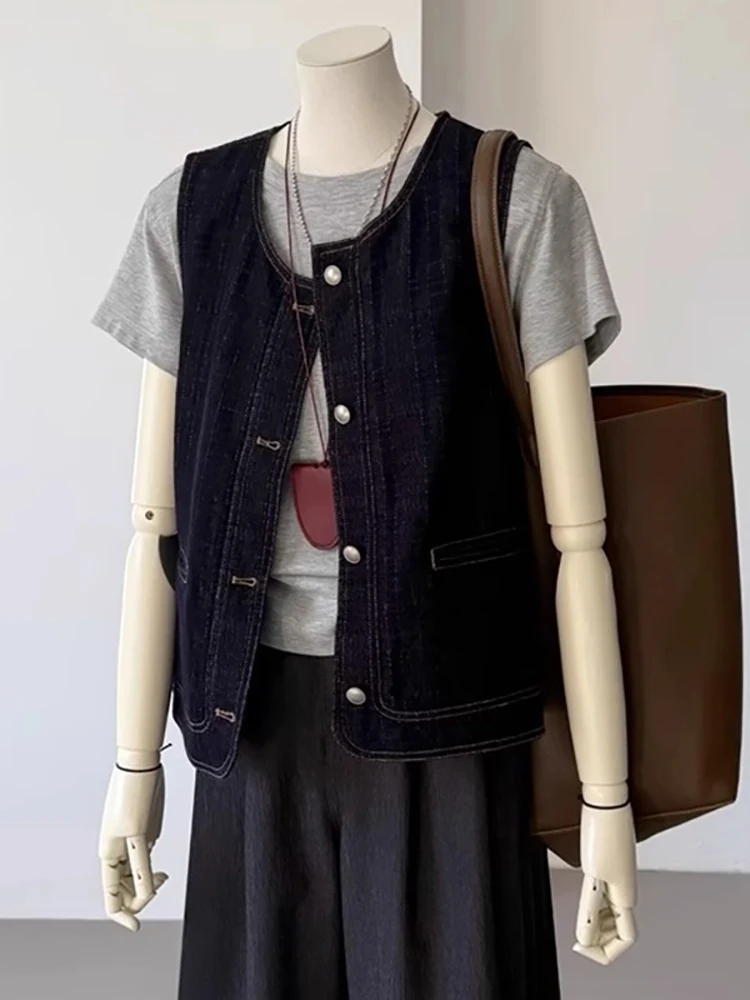 

Waed Vintage Blue Denim irt Women's Spring Summer Casual Versatile Jaet Top Trendy Self-Kee Sle Buttoned Splice
