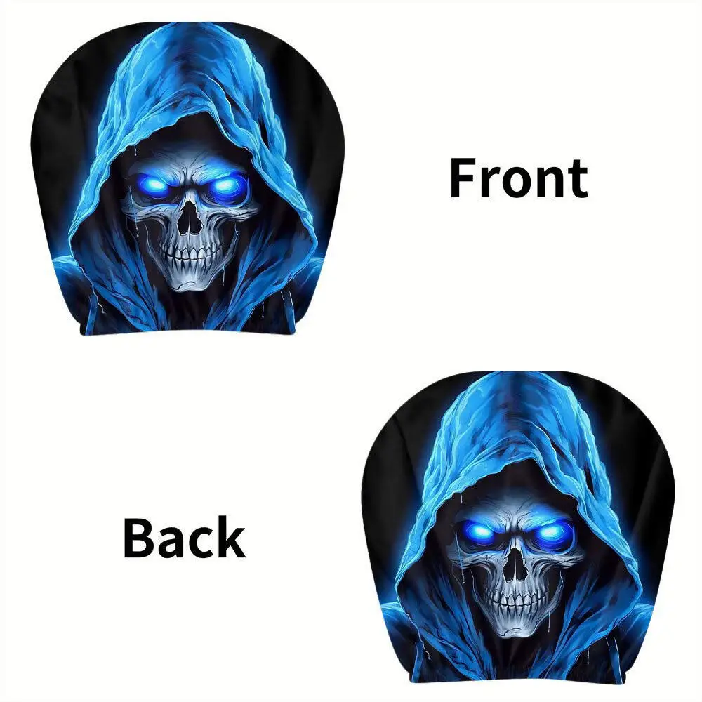 2 Stück Blau Leuchtende Totenkopf-Autokopfstützenbezüge, Horror-Sensenmann Universelle Elastische Auto-Kopfstützenschoner – Detail 7