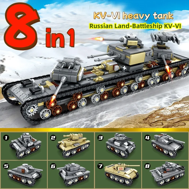 8IN1 Ww2 Military Tanks KV-VI Heavy Tank Russian Land-Battleship KV-VI  Tiger Tank  Education Toys for Boy Christmas Gifts