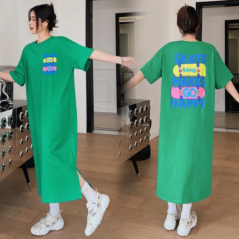 Summer Long Sleeveless Cotton T-shirt Dress Women's Loose Fit Printed Casual Fashion Korean Style round Neck Long Skirt Dress