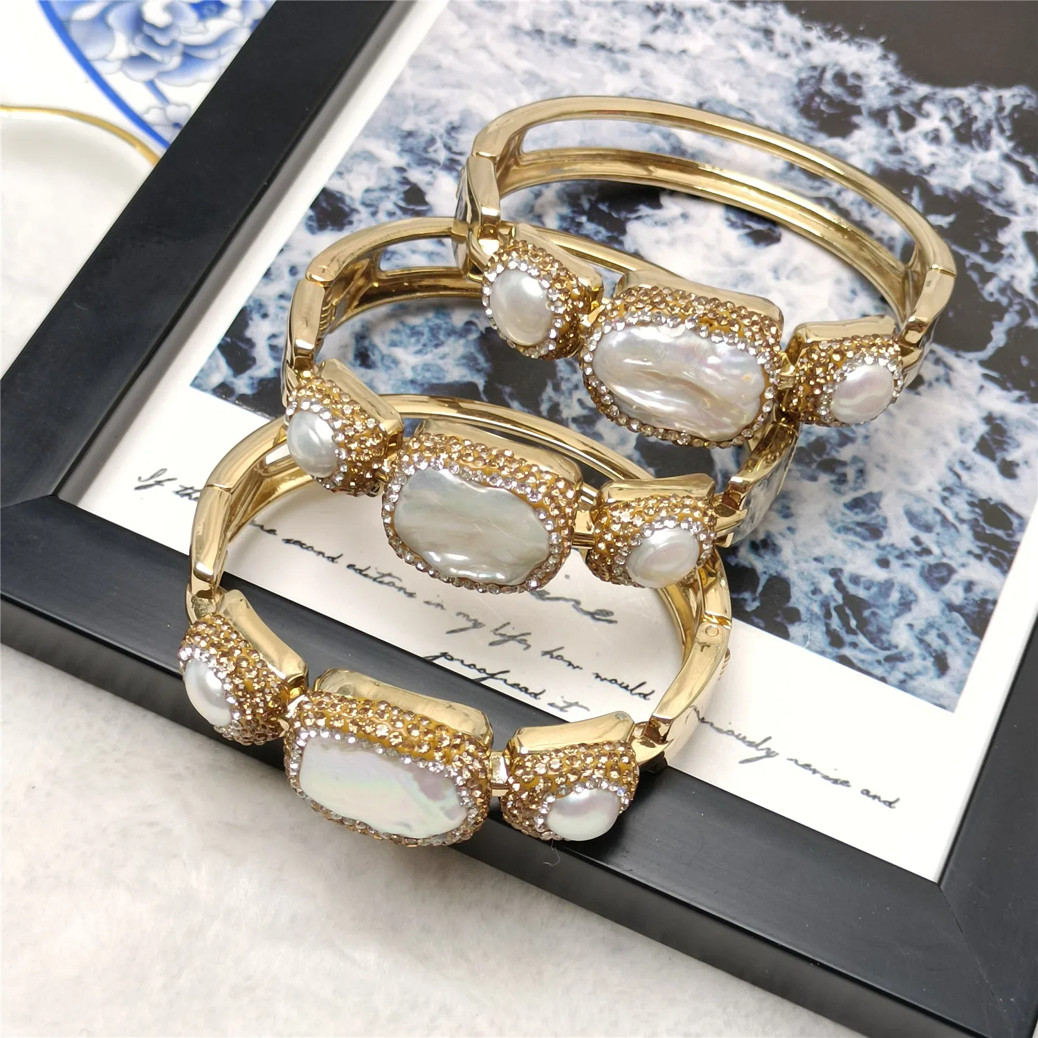 

Natural Pearl Border Rhinestone Women's Statement Bracelet Jewelry