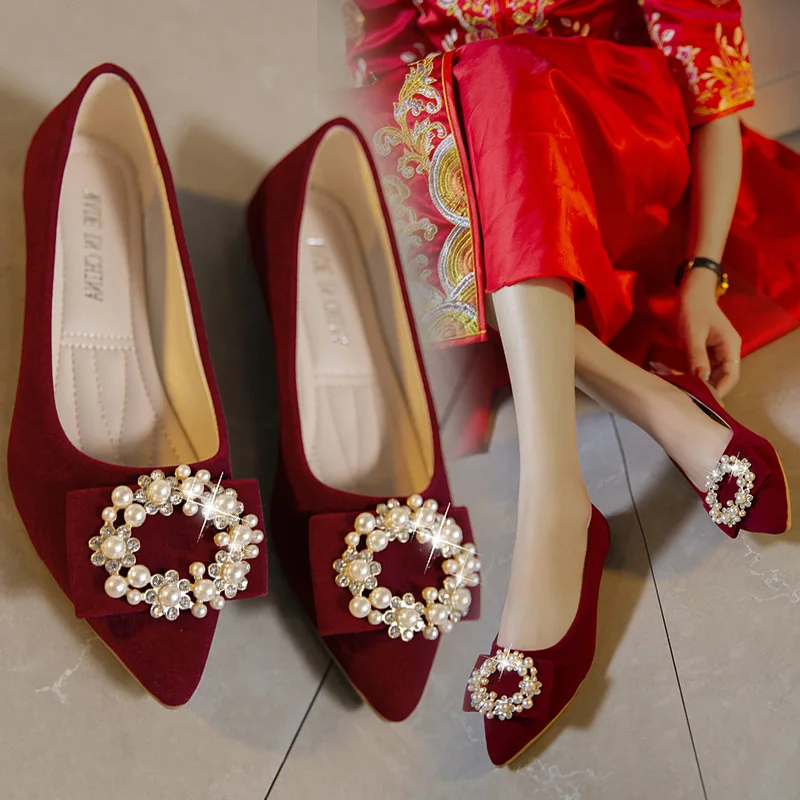 Flat Shoes Women 2024 New Maternity Wedding Bride Red Shoes Wedding Toasting Comfortable Pointed Single Shoes